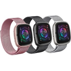 Band for Fitbit Versa 4 & Versa 3 Bands/Fitbit Sense 2 & Sense Bands Women Men,3 Pack Magnetic Stainless Steel Metal Mesh Replacement Strap for Fitbit Sense/Sense 2/Versa 3/Versa 4 Milanese Wristband