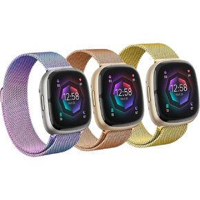 حزام لـ Fitbit Versa 4 & Versa 3 فرق/Fitbit Sense 2 & Sense Bands للنساء والرجال، 3 عبوات من حزام استبدال شبكي معدني مغناطيسي من الفولاذ المقاوم للصدأ لـ Fitbit Sense/Sense 2/Versa 3/Versa 4 Milanese