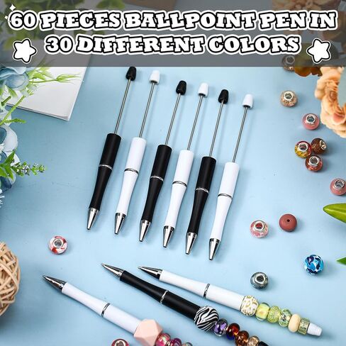 Kosiz 60 Pieces Plastic Beadable Pen Bead Ballpoint Pen Black Ink Beaded Pens for Kids Students Presents Office School Supplies (Black, Pink, Classic) in Kuwait