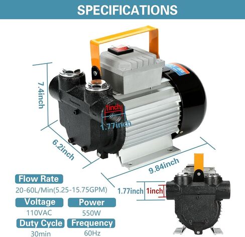 مضخة نقل كهربائية ذاتية التحضير 110 فولت تيار متردد 550 وات، 16GPM 60 لتر/الدقيقة مضخة نقل الزيت وقود الديزل والكيروسين وقود الديزل الحيوي للمركبات ومواقع البناء والمزارع in Kuwait