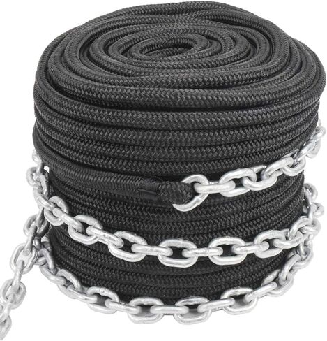 NovelBee 1/2 inch Double Braid Nylon Rope with 1/4 Inch x 15 Feet Galvanized Chain for Boat Anchor Rope and Dock Line (Black, Length:150') in Saudi Arabia