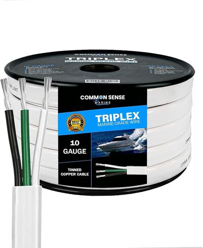 10/3 AWG UL 1426 (الشيء الحقيقي) سلك بحري مسطح ثلاثي - كابل قارب نحاسي معلب - 100 قدم - أسود/أبيض/أخضر - صنع في الولايات المتحدة الأمريكية in Kuwait