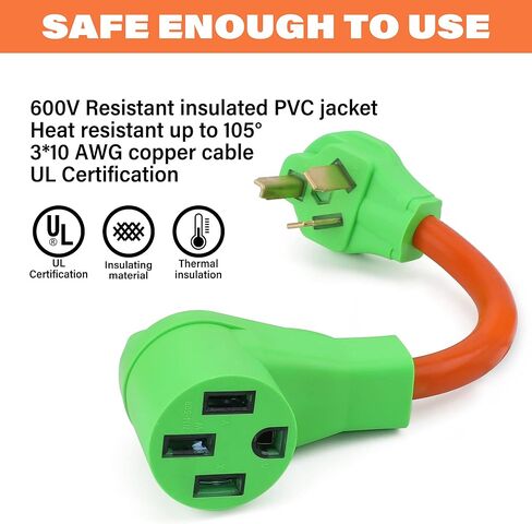 سلك محول شاحن Flameweld EV - NEMA N10-30P ذكر إلى أنثى N14-50R مع مقبض، 3 شقوق 30 أمبير لشحن المستوى 2 EV، سلك محول مولد STW 10/3 AWG EV، UL in Kuwait