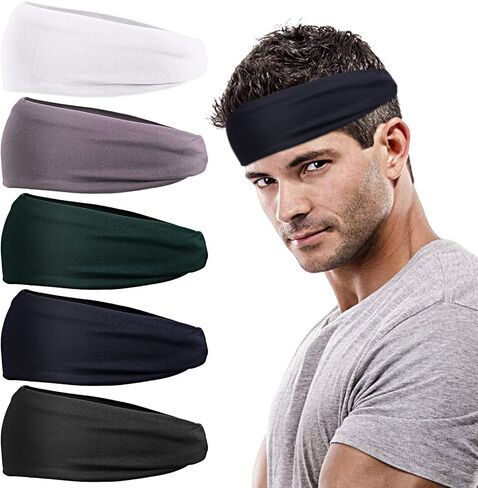 5 Pack Sports Headbands for Men, Moisture Wicking Workout Headband Non Slip Sport Sweatbands Headbands Stretchy Moisture Wicking Hairband for Running Cycling Yoga, Hairband for Women and Men in Saudi Arabia