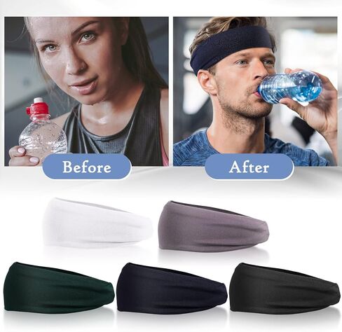 5 Pack Sports Headbands for Men, Moisture Wicking Workout Headband Non Slip Sport Sweatbands Headbands Stretchy Moisture Wicking Hairband for Running Cycling Yoga, Hairband for Women and Men in Saudi Arabia