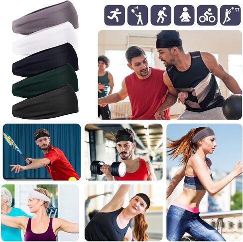 5 Pack Sports Headbands for Men, Moisture Wicking Workout Headband Non Slip Sport Sweatbands Headbands Stretchy Moisture Wicking Hairband for Running Cycling Yoga, Hairband for Women and Men in Saudi Arabia