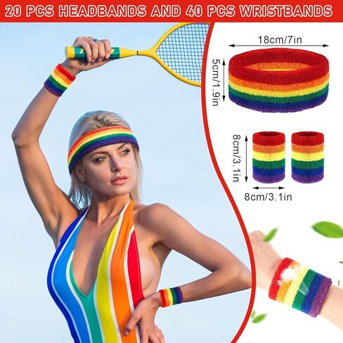 مجموعة 60 قطعة من عصابة رأس مخططة بألوان قوس قزح 20 قطعة من القطن القابل للتمدد، عصابة رأس ماصة للعرق، 40 قطعة من قماش تيري، سوار معصم رياضي بألوان قوس قزح للرجال والنساء، لممارسة التمارين الرياضية in Kuwait