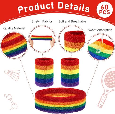 مجموعة 60 قطعة من عصابة رأس مخططة بألوان قوس قزح 20 قطعة من القطن القابل للتمدد، عصابة رأس ماصة للعرق، 40 قطعة من قماش تيري، سوار معصم رياضي بألوان قوس قزح للرجال والنساء، لممارسة التمارين الرياضية in Kuwait