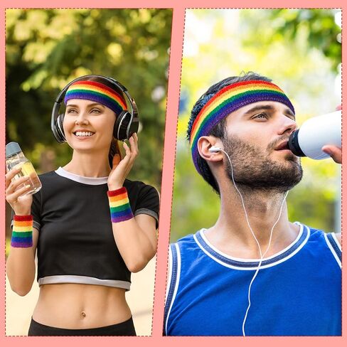 مجموعة 60 قطعة من عصابة رأس مخططة بألوان قوس قزح 20 قطعة من القطن القابل للتمدد، عصابة رأس ماصة للعرق، 40 قطعة من قماش تيري، سوار معصم رياضي بألوان قوس قزح للرجال والنساء، لممارسة التمارين الرياضية in Kuwait