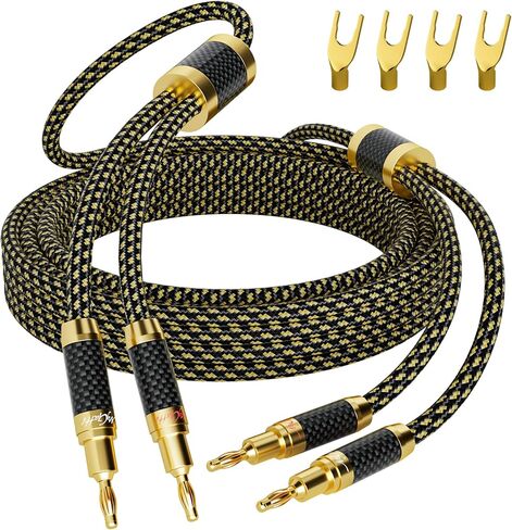 Hi-Fi Speaker Cable Wire 8 Feet, with Banana Plugs and Convertible Gold Plated Y Spade Connectors, (Silver Plated Copper Wire, Multiple Shield, Nylon Braided), for HiFi Sound, Audiophiles in Saudi Arabia