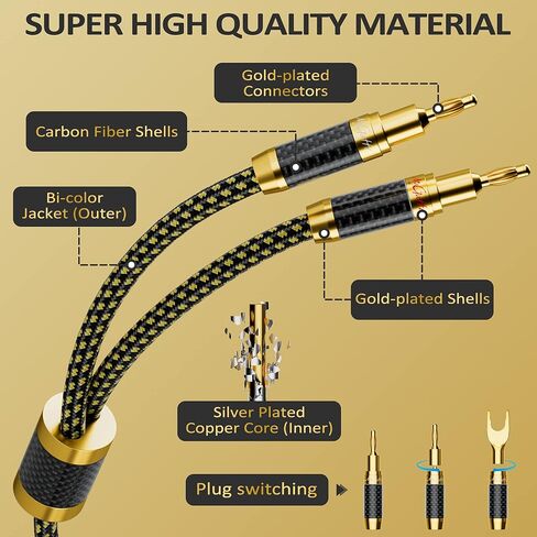 Hi-Fi Speaker Cable Wire 8 Feet, with Banana Plugs and Convertible Gold Plated Y Spade Connectors, (Silver Plated Copper Wire, Multiple Shield, Nylon Braided), for HiFi Sound, Audiophiles in Saudi Arabia