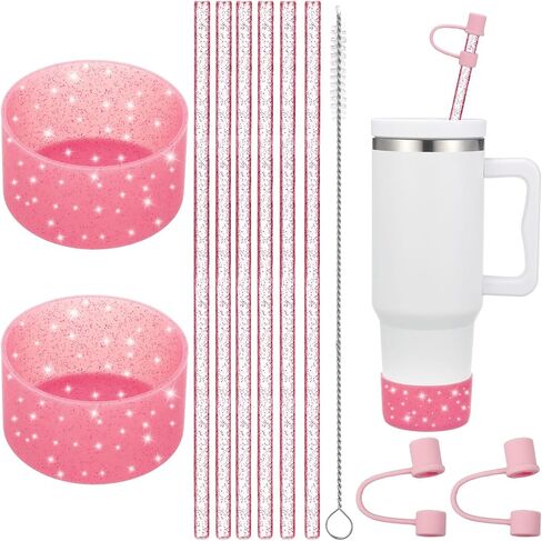 Straw Cover Spill Stopper Straw Replacement Compatible with Stanley Cup Accessories 20-40 oz, 2 Glitter Silicone Boot Sleeve, 6 Straw, 2 Straw Cover Cap, 1 Cleaning Brush in Saudi Arabia