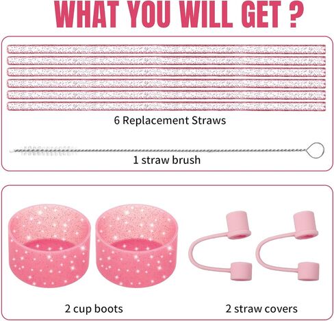 Straw Cover Spill Stopper Straw Replacement Compatible with Stanley Cup Accessories 20-40 oz, 2 Glitter Silicone Boot Sleeve, 6 Straw, 2 Straw Cover Cap, 1 Cleaning Brush in Saudi Arabia