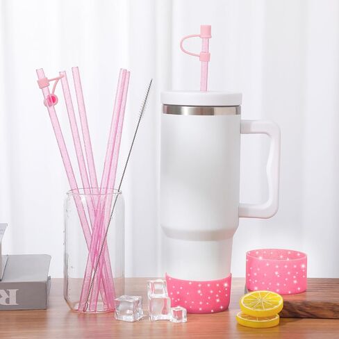 Straw Cover Spill Stopper Straw Replacement Compatible with Stanley Cup Accessories 20-40 oz, 2 Glitter Silicone Boot Sleeve, 6 Straw, 2 Straw Cover Cap, 1 Cleaning Brush in Saudi Arabia
