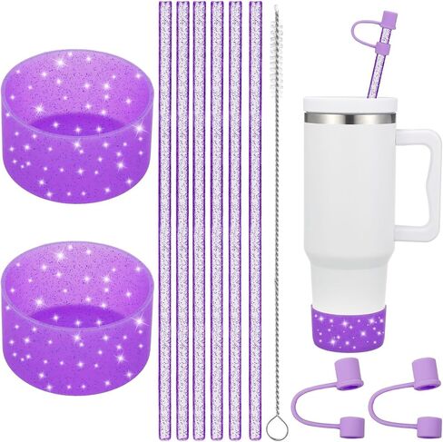 Straw Cover Spill Stopper Straw Replacement Compatible with Stanley Cup Accessories 20-40 oz, 2 Glitter Silicone Boot Sleeve, 6 Straw, 2 Straw Cover Cap, 1 Cleaning Brush in Saudi Arabia