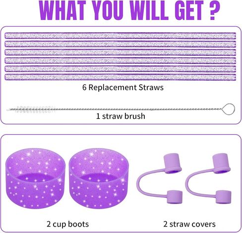Straw Cover Spill Stopper Straw Replacement Compatible with Stanley Cup Accessories 20-40 oz, 2 Glitter Silicone Boot Sleeve, 6 Straw, 2 Straw Cover Cap, 1 Cleaning Brush in Saudi Arabia
