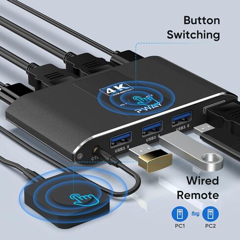 4K @ 60 هرتز HDMI Kvm Switch 1 شاشات 2 جهاز كمبيوتر، مشاركة أجهزة USB مع 3 منافذ USB 3.0، يدعم التحكم عن بعد السلكي والزر، متوافق مع EDID in Kuwait