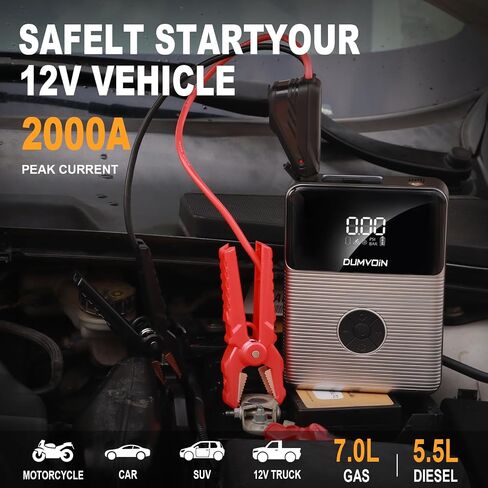 Jump Starter with Compressor Portable Battery Booster Pack 150PSI Auto Tire Inflator,12V 2000A Peak Starter with Safety Jumper Clamps,Jump Box Power Bank with Dual USB Charge,Bright LED Light in Saudi Arabia
