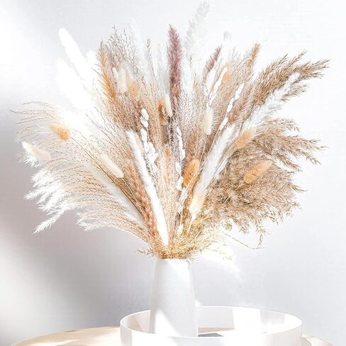 Dried Pampas Grass Decor, Pampas Grass Bunny Tails Dry Flower Reed Grass 80PCS , Pampas Grass Flowers Decoration for Wedding Boho Home, Office, Living Room, Bedroom Farmhouse Party.( Brown White ) in Saudi Arabia