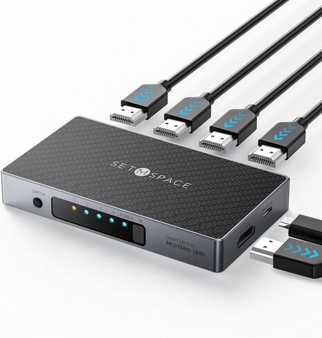 محول HDMI، محول HDMI متين SETMSPACE 4 في 1 مع جهاز تحكم عن بعد، مقسم HDMI 4K 60 هرتز، موسع منفذ HDMI ثابت للمسرح المنزلي والمكتب والفصول الدراسية in Kuwait