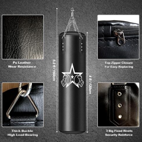 كيس ملاكمة للبالغين، مجموعة أكياس ملاكمة ثقيلة، بولي يوريثان بطول 4 أقدام، مجموعة معدات تدريب الملاكمة (9 في 1) لتدريب فنون القتال المختلطة كيك بوكسينغ والملاكمة والكاراتيه في صالة الألعاب الرياضية المنزلية (غير مملوءة) in Kuwait