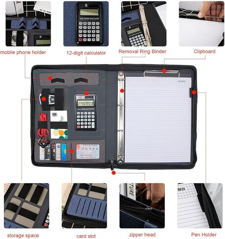 Portfolio Business Padfolio Folder with Zipper, Conference Meeting Executive File Legal Document Organizer with Pockets Letter Notepad Padfolio for Men Women (Non Calculator, Black) in Kuwait