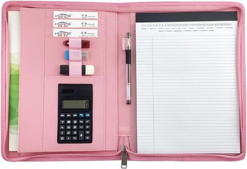 PU Leather Zippered Padfolio with Calculator Professional Interview Resume Business Portfolio for Men Women (Pink) in Saudi Arabia