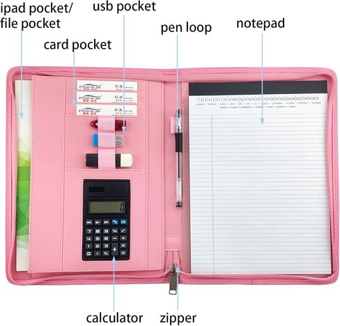 PU Leather Zippered Padfolio with Calculator Professional Interview Resume Business Portfolio for Men Women (Pink) in Saudi Arabia