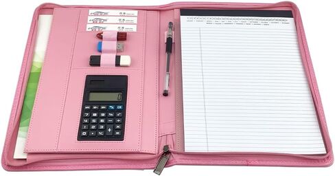 PU Leather Zippered Padfolio with Calculator Professional Interview Resume Business Portfolio for Men Women (Pink) in Saudi Arabia