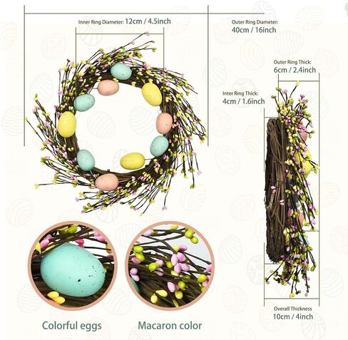 Easter Wreaths Decorations for Front Door,16 Inch Easter Wreath with Colourful Eggs and Berries,Artificial Easter Door Wreath for Home Indoor Outdoor Decor,Grapevine Easter Egg Wreath in Saudi Arabia