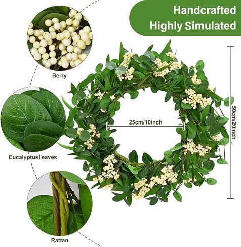 Wreaths for Front Door, 20in Green Eucalyptus Wreath, Artificial Eucalyptus Leaves Wreath with Berries, Spring/Summer Wreath for Front Door Wall Window Festival Farmhouse Porch Patio Garden Decor in Kuwait