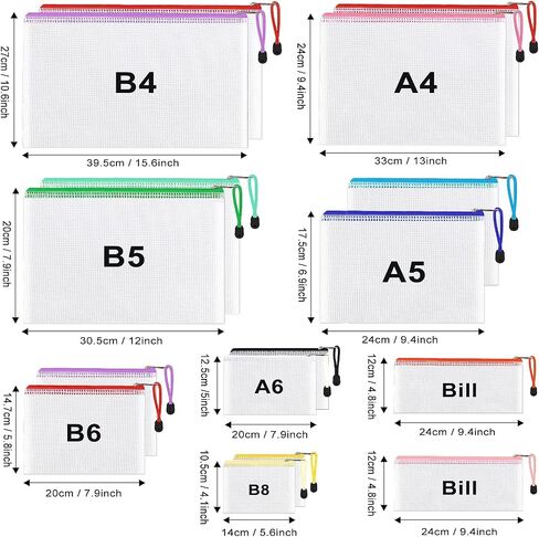 Mesh Zipper Pouch Document Bag, Plastic Zip File Folders,A4 Letter Size Waterproof Document Pouch for Office Supplies, Arts & Crafts Organizing Storage (10 Colors 40 Pack) in Saudi Arabia