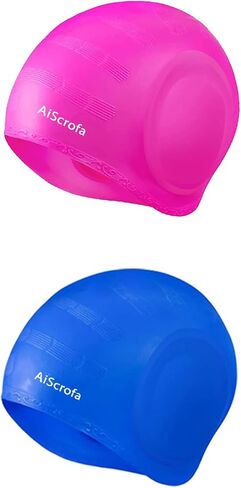 Unisex Swim Caps Cover Ears (2 Pack), Flexible Silicone Swimmer Caps for Long Hair Swimming, 3D Ear Protection,for Man & Women in Saudi Arabia
