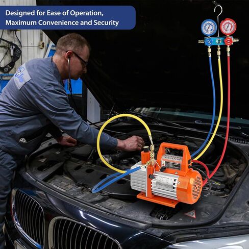 مضخة تفريغ 110 فولت 4CFM ومجموعة أدوات قياس متعددة التيار المتردد R134a، تصميم محمول مريح، قياس دقيق، مع كاشف للتسرب وحقيبة حمل لصيانة نظام التدفئة والتهوية وتكييف الهواء (HVAC) in Kuwait