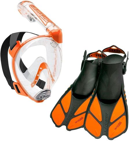 Cressi Adult Snorkeling Full-Face Snorkel Mask & Adjustable Fins Kit - Wide Clear View, Anti-Fog System - Easy Breathing - Short Fins - Ideal for Traveling - Duke & Bonete: designed in Italy in Saudi Arabia