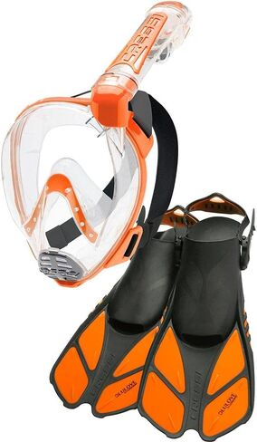 Cressi Adult Snorkeling Full-Face Snorkel Mask & Adjustable Fins Kit - Wide Clear View, Anti-Fog System - Easy Breathing - Short Fins - Ideal for Traveling - Duke & Bonete: designed in Italy in Saudi Arabia