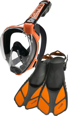 Cressi Adult Snorkeling Full-Face Snorkel Mask & Adjustable Fins Kit - Wide Clear View, Anti-Fog System - Easy Breathing - Short Fins - Ideal for Traveling - Duke & Bonete: designed in Italy in Saudi Arabia