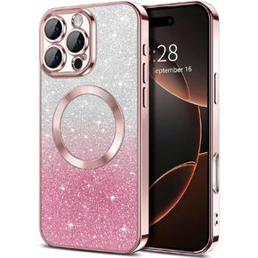 Hython for iPhone 15 Plus Case Clear Magnetic Glitter Phone Cases [Compatible with MagSafe] Full Camera Lens Protector Slim Gradient Sparkle Luxury Plating Shockproof Protective Cover Women, Pink in Saudi Arabia