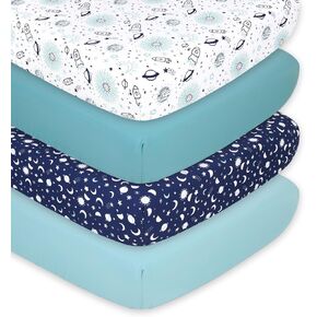 The Peanutshell Crib Sheets, Neutral, Fitted Baby Bed Sheet Set, Standard Size Crib Mattress, 52x28, Stars Moon Space Nursery Decor, 4 Pack in Navy Blue, Teal, White