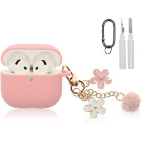 Compatible with AirPods 4 Case 2024, Premium Soft Silicone Protective Case Cover for Apple AirPods 4th Generation with Cleaner Kit, Carabiner and Keychain Accessories for Women Girls, Pink
