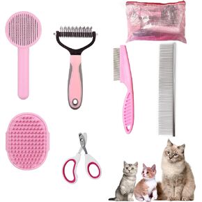 Cat Brush Grooming Kit 6pcs - Cat Brush for indoor Cats, Dog Brushes Kit for Small Dogs,Cat Brush for Shedding for Long Haired Cats, Pet Self Cleaning Kit with Flea Comb Set Blue