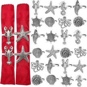 Ocean Themed Napkin Rings Set of 24 Retro Silver Starfish Shell Lobster Sea Turtle Napkin Holders for Home Wedding Summer Beach Holiday Party Coastal Table Decor
