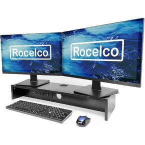 Rocelco 30" Premium Dual Monitor Stand with AC Power Supply & USB 2.0 Charging | Metal Laptop TV PC Riser Shelf with Keyboard Mouse Storage and Cable Management | Black (R DMS)