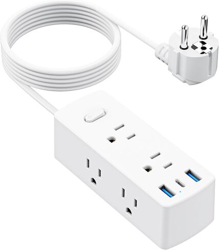 European Travel Plug Adapter, Olcorife US to Europe Type E/F Plug Adapter, International Power Strip with 8 Outlets and 4 USB(1 USB-C), 5 FT Cord for Germany France Iceland Spain in Saudi Arabia