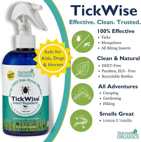 3 أمهات أورجانيكس TickWise | قوة إضافية 8 أونصة، خالية من DEET، طارد للقراد والحشرات | الزيوت العطرية النباتية وجميع المكونات الطبيعية | آمن للأطفال والكبار والكلاب والخيول in Kuwait