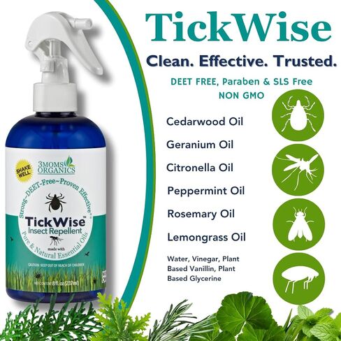 3 أمهات أورجانيكس TickWise | قوة إضافية 8 أونصة، خالية من DEET، طارد للقراد والحشرات | الزيوت العطرية النباتية وجميع المكونات الطبيعية | آمن للأطفال والكبار والكلاب والخيول in Kuwait