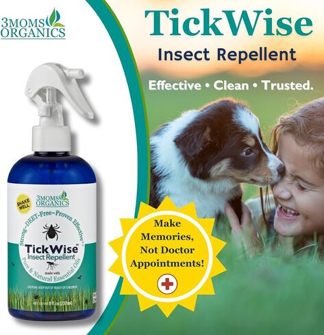 3 أمهات أورجانيكس TickWise | قوة إضافية 8 أونصة، خالية من DEET، طارد للقراد والحشرات | الزيوت العطرية النباتية وجميع المكونات الطبيعية | آمن للأطفال والكبار والكلاب والخيول in Kuwait