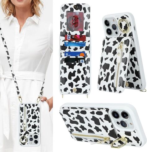 iphone 13 pro max case with strap, iPhone 13 pro max Case with Card Holder Credit Card Slots Crossbody with Zipper Case for iphone 13 pro max wallet case for women - Black in Kuwait