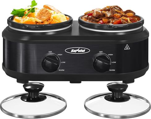 Sunvivi Dual Slow Cooker, Buffet Server & Warmer with 2 Removable Ceramic Pots, 3 Adjustable Temp Settings & 2 Visible Glass Lids, Stainless Steel, 2.5 QT Silver in Kuwait