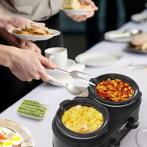 Sunvivi Dual Slow Cooker, Buffet Server & Warmer with 2 Removable Ceramic Pots, 3 Adjustable Temp Settings & 2 Visible Glass Lids, Stainless Steel, 2.5 QT Silver in Kuwait